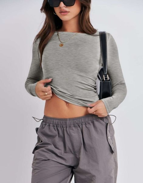 Women Long Sleeve Slim Fit Crop Top Going Out Tight T-Shirt Trendy Tees Streetwear