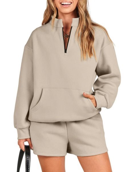 Sweatsuit Oversized Half Zip Collared Sweatshirt & Short Lounge Wear Tacksuit Set