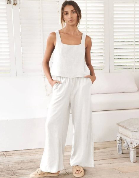 2 Piece Outfits Square Neck Sleeveless Tank Crop Top & Wide Leg Pants Lounge Set