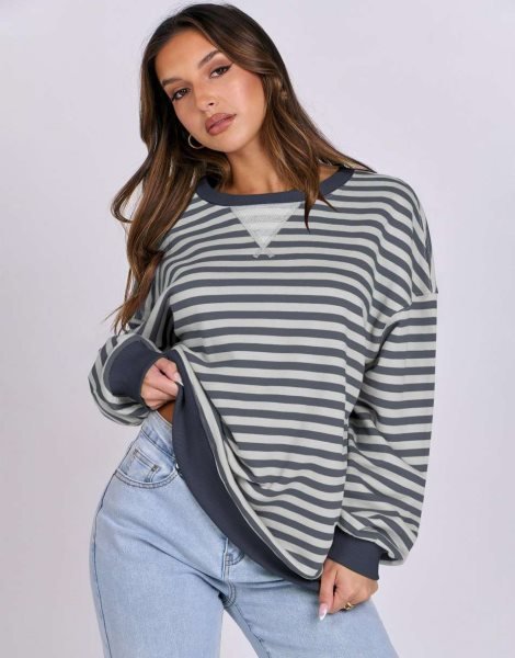 Women Striped Oversized Sweatshirt Long Sleeve Crewneck Shirts 2024 Fall Fashion Pullover Sweater Trendy Clothes
