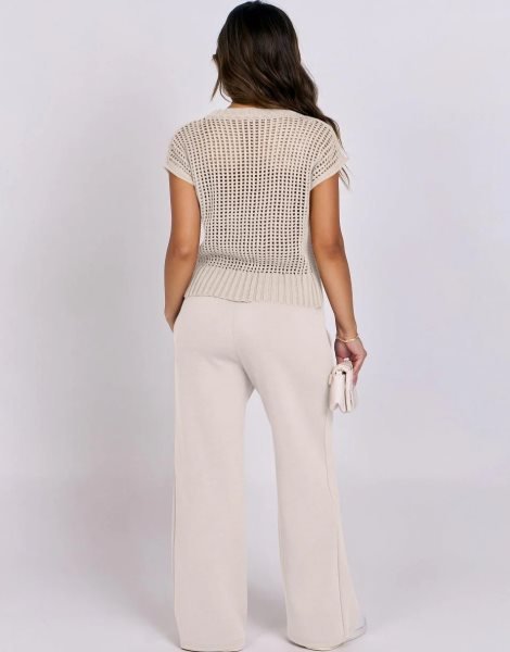 Women Two Piece Outfits Crochet Sheer Knit Sweater Top Wide Leg Pants Lounge Matching Sets Sweatsuit Travel Clothes