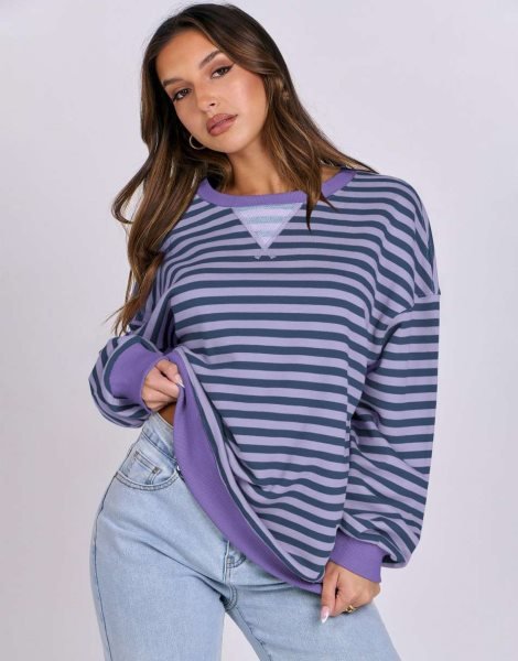 Women Striped Oversized Sweatshirt Long Sleeve Crewneck Shirts 2024 Fall Fashion Pullover Sweater Trendy Clothes
