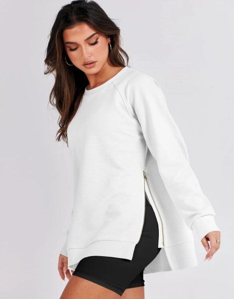 Women's Sweatshirts Long Sleeve Tunic Tops Crew Neck Soft Pullover With Side Zipper Shirt Clothes 2023