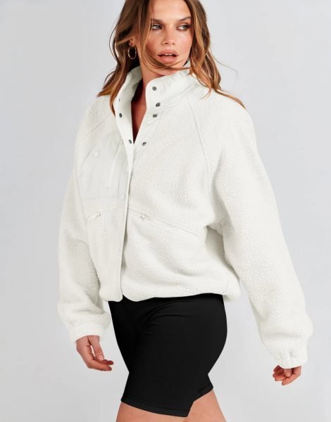 Womens Fleece Jacket Button Down Shacket Casual Sherpa Cropped Coats Warm Outwear with Pockets