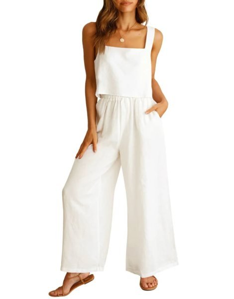 2 Piece Outfits Square Neck Sleeveless Tank Crop Top & Wide Leg Pants Lounge Set