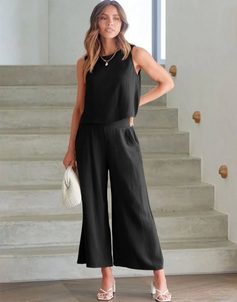 Sleeveless Tank Crop Button Back Top Cropped Pants Set With Pockets