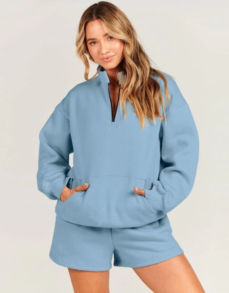 Sweatsuit Oversized Half Zip Collared Sweatshirt & Short Lounge Wear Tacksuit Set
