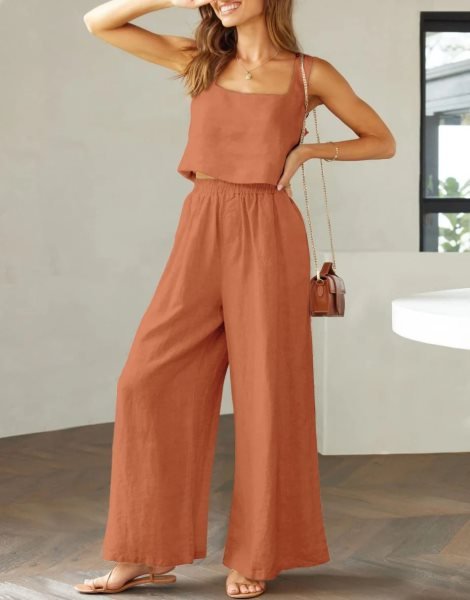 2 Piece Outfits Square Neck Sleeveless Tank Crop Top & Wide Leg Pants Lounge Set