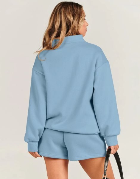 Sweatsuit Oversized Half Zip Collared Sweatshirt & Short Lounge Wear Tacksuit Set