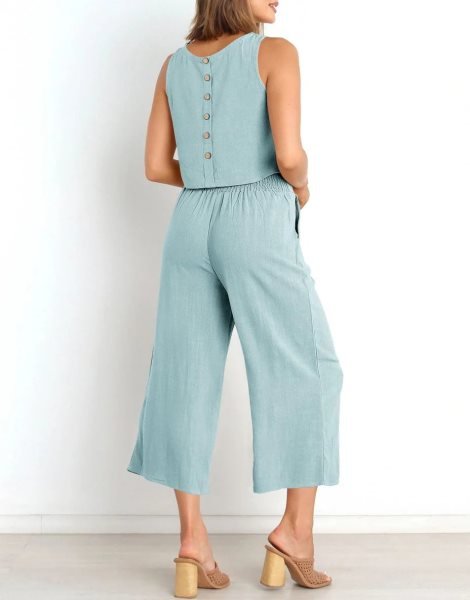 Sleeveless Tank Crop Button Back Top Cropped Pants Set With Pockets