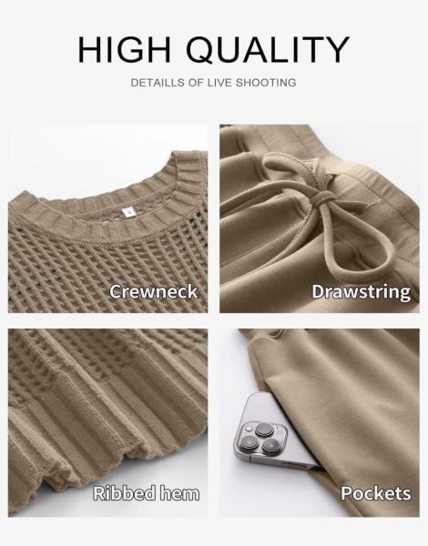 Women Two Piece Outfits Crochet Sheer Knit Sweater Top Wide Leg Pants Lounge Matching Sets Sweatsuit Travel Clothes