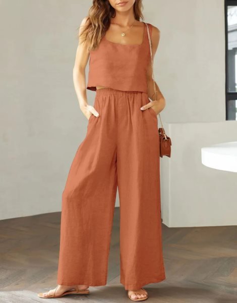 2 Piece Outfits Square Neck Sleeveless Tank Crop Top & Wide Leg Pants Lounge Set