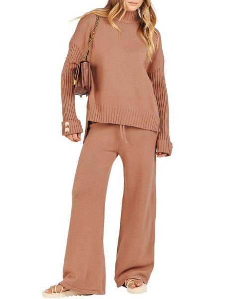 Women's Two Piece Outfits Sweater Sets Long Sleeve Knit Pullover and Wide Leg Pants Lounge Sets