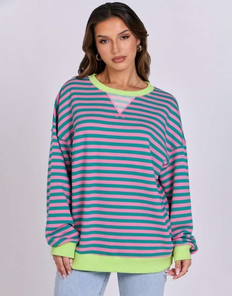 Women Striped Oversized Sweatshirt Long Sleeve Crewneck Shirts 2024 Fall Fashion Pullover Sweater Trendy Clothes