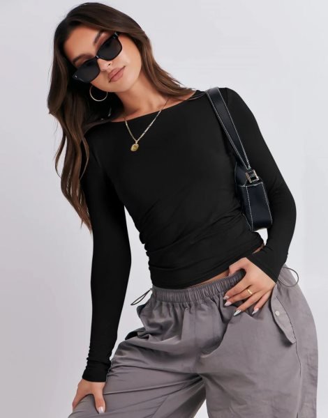 Women Long Sleeve Slim Fit Crop Top Going Out Tight T-Shirt Trendy Tees Streetwear