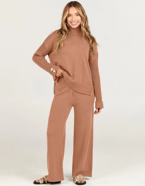 Women's Two Piece Outfits Sweater Sets Long Sleeve Knit Pullover and Wide Leg Pants Lounge Sets