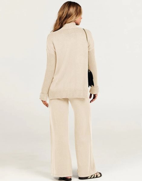 Women's Two Piece Outfits Sweater Sets Long Sleeve Knit Pullover and Wide Leg Pants Lounge Sets