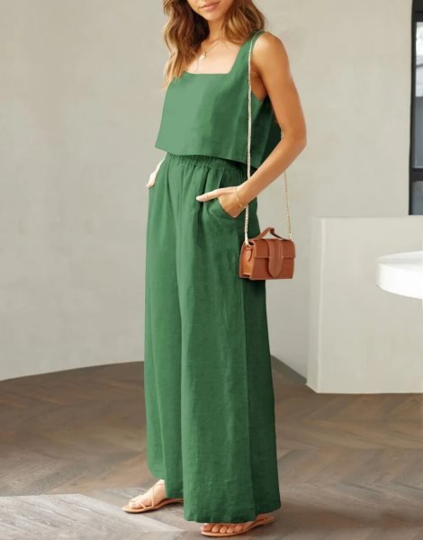 2 Piece Outfits Square Neck Sleeveless Tank Crop Top & Wide Leg Pants Lounge Set