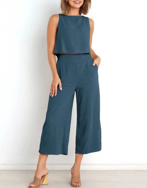 Sleeveless Tank Crop Button Back Top Cropped Pants Set With Pockets