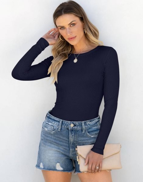 Women Long Sleeve Crewneck Rib Knit Slim Fit Shirts Basic Tee Tops 2024 Casual T-Shirt Going Out Workout Outfits