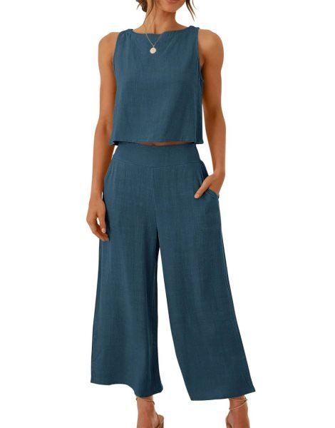 Sleeveless Tank Crop Button Back Top Cropped Pants Set With Pockets