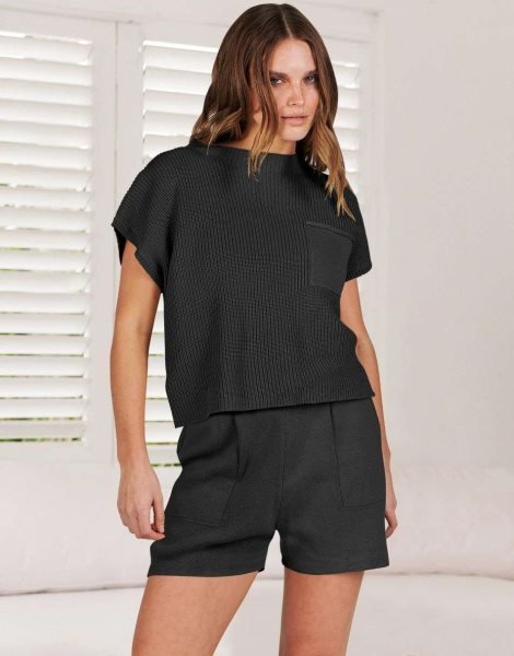Women's Two Piece Outfits Sweater Short Sets Knit Pullover Tops and Shorts Lounge Set Tracksuit