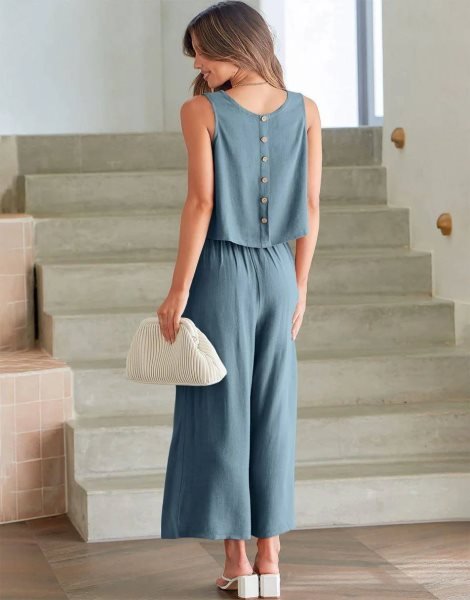 Sleeveless Tank Crop Button Back Top Cropped Pants Set With Pockets