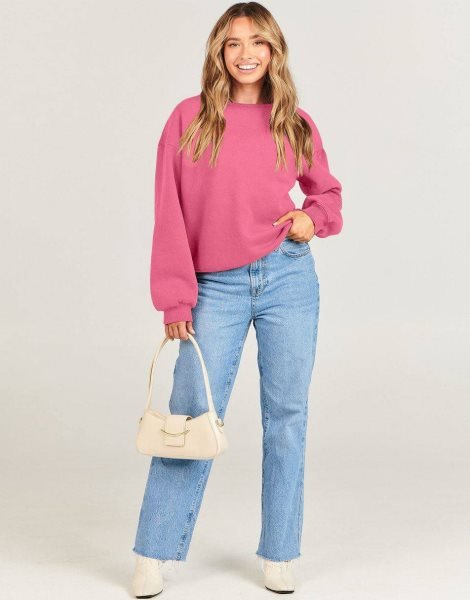 Women's Long Sleeve Sweatshirt Casual Crewneck Loose Fit Pullover Hoodie Fleece Fall Tops