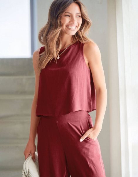 Sleeveless Tank Crop Button Back Top Cropped Pants Set With Pockets