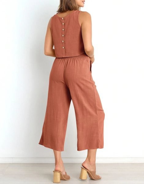 Sleeveless Tank Crop Button Back Top Cropped Pants Set With Pockets