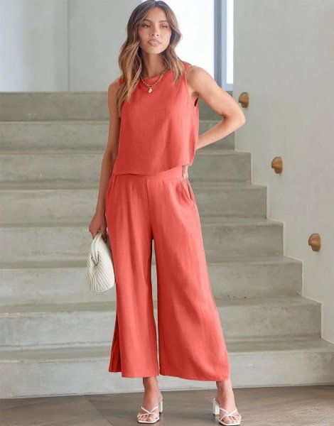 Sleeveless Tank Crop Button Back Top Cropped Pants Set With Pockets