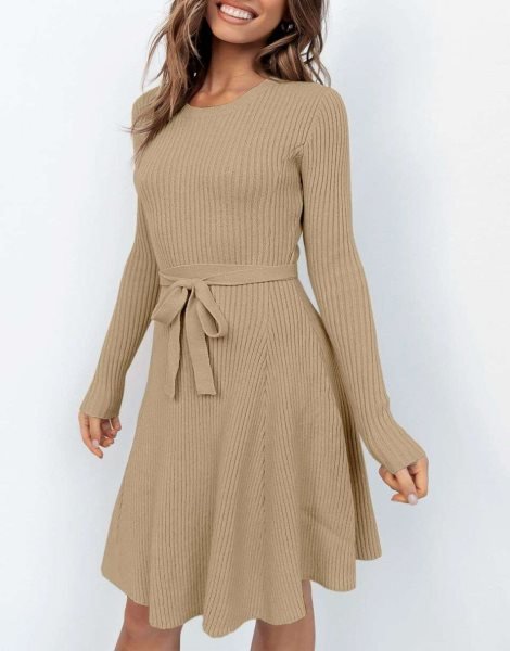 Women's Crewneck Long Sleeve Tie Waist A-Line Swing Bodycon Short Dress Casual Solid Ribbed Knit Sweater Dress