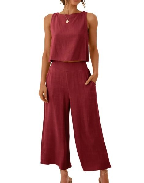 Sleeveless Tank Crop Button Back Top Cropped Pants Set With Pockets