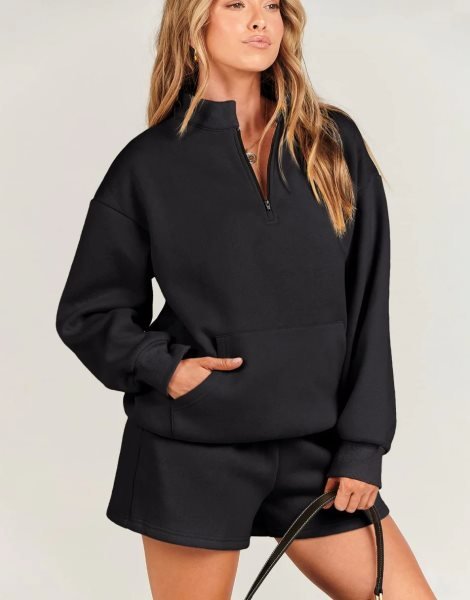 Sweatsuit Oversized Half Zip Collared Sweatshirt & Short Lounge Wear Tacksuit Set