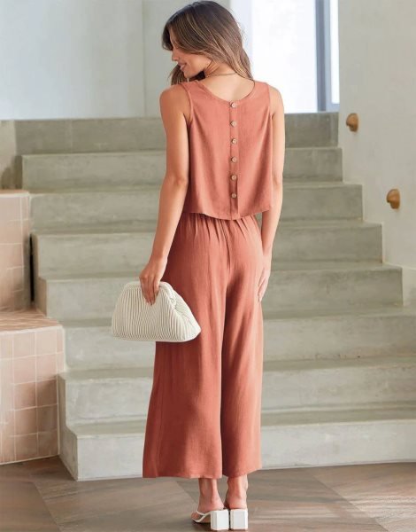 Sleeveless Tank Crop Button Back Top Cropped Pants Set With Pockets