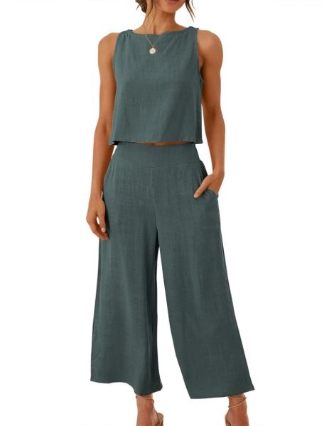 Sleeveless Tank Crop Button Back Top Cropped Pants Set With Pockets