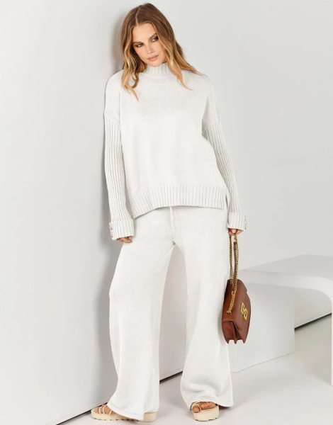 Women's Two Piece Outfits Sweater Sets Long Sleeve Knit Pullover and Wide Leg Pants Lounge Sets