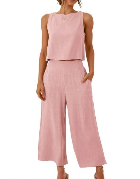 Sleeveless Tank Crop Button Back Top Cropped Pants Set With Pockets