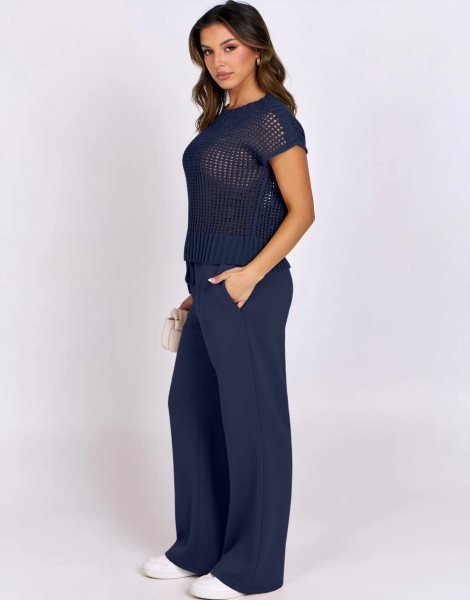 Women Two Piece Outfits Crochet Sheer Knit Sweater Top Wide Leg Pants Lounge Matching Sets Sweatsuit Travel Clothes