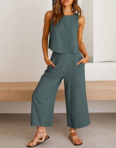 Sleeveless Tank Crop Button Back Top Cropped Pants Set With Pockets