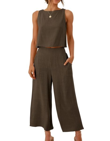 Sleeveless Tank Crop Button Back Top Cropped Pants Set With Pockets