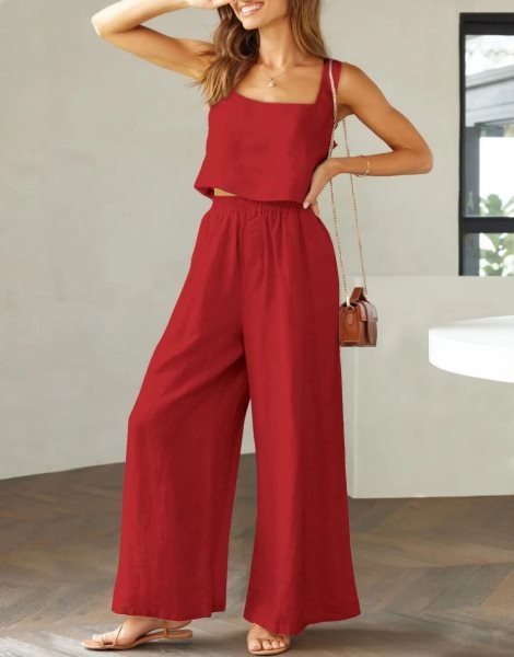 2 Piece Outfits Square Neck Sleeveless Tank Crop Top & Wide Leg Pants Lounge Set