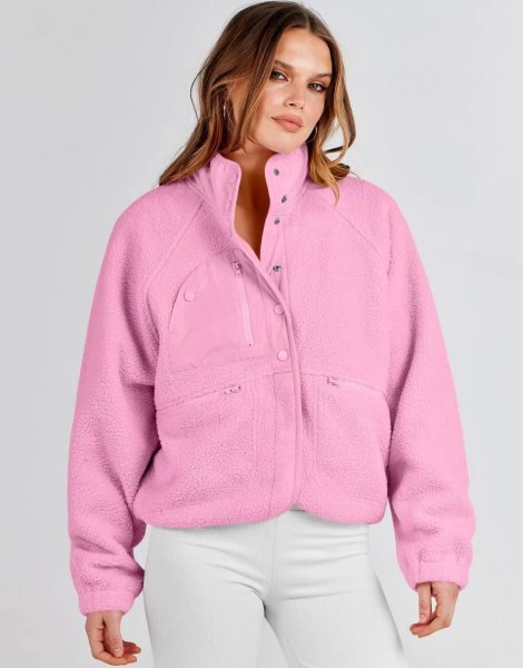 Womens Fleece Jacket Button Down Shacket Casual Sherpa Cropped Coats Warm Outwear with Pockets