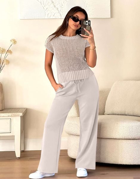 Women Two Piece Outfits Crochet Sheer Knit Sweater Top Wide Leg Pants Lounge Matching Sets Sweatsuit Travel Clothes