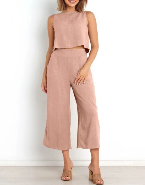 Sleeveless Tank Crop Button Back Top Cropped Pants Set With Pockets