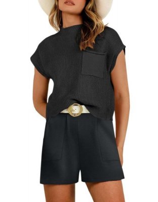 Women's Two Piece Outfits Sweater Short Sets Knit Pullover Tops and Shorts Lounge Set Tracksuit