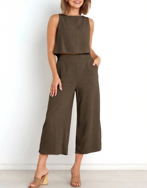 Sleeveless Tank Crop Button Back Top Cropped Pants Set With Pockets