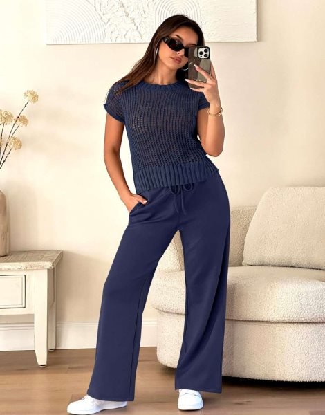 Women Two Piece Outfits Crochet Sheer Knit Sweater Top Wide Leg Pants Lounge Matching Sets Sweatsuit Travel Clothes