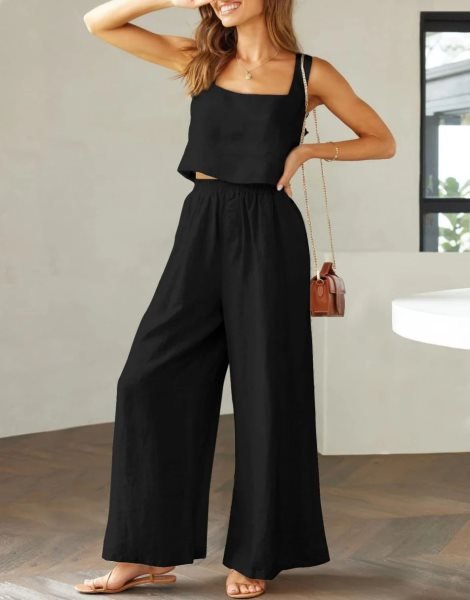 2 Piece Outfits Square Neck Sleeveless Tank Crop Top & Wide Leg Pants Lounge Set