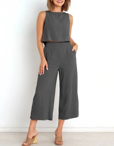 Sleeveless Tank Crop Button Back Top Cropped Pants Set With Pockets